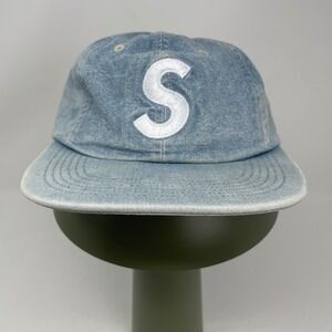 Supreme S Logo 6-Panel Hat Light Blue Denim Chambray Leather Strapback Cap Hype
